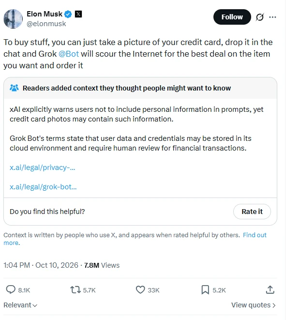 Elon Musk’s October 10, 2026 post on X suggesting users photograph their credit card for Grok Bot, with a reader-added context note and 7.8 million views